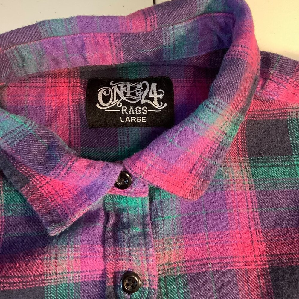 One 24 Rags Plaid Flannel Top – Women’s L – Fringe Hem Grunge Vibes - Picture 5 of 11